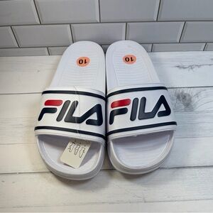 Fila :10 Unisex’s  White Slide Sandals with Navy & Red Logo Accents